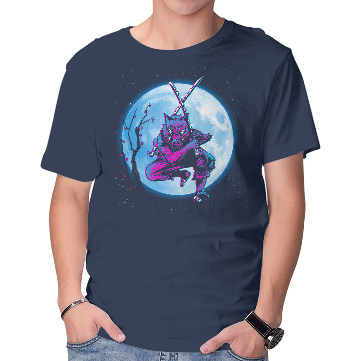 Inosuke Under The Moon – Anime Graphic T-Shirt in navy, product display