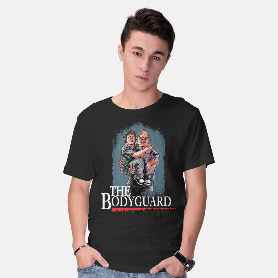 Model wearing black The Pirate Bodyguard – Movie Graphic T-Shirt
