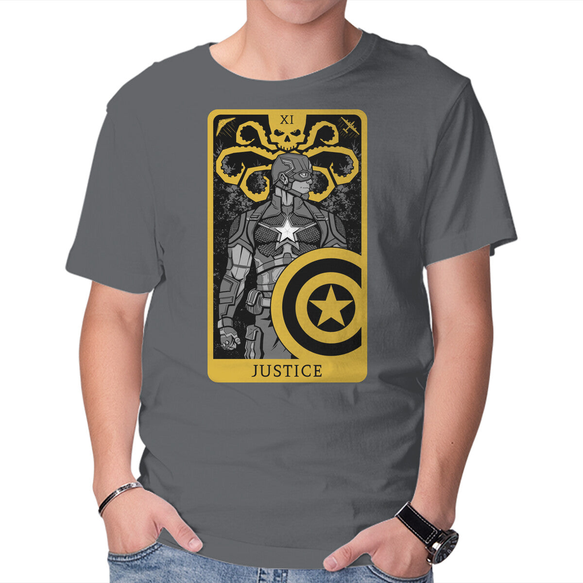 Justice Card Graphic T-Shirt in charcoal, product display