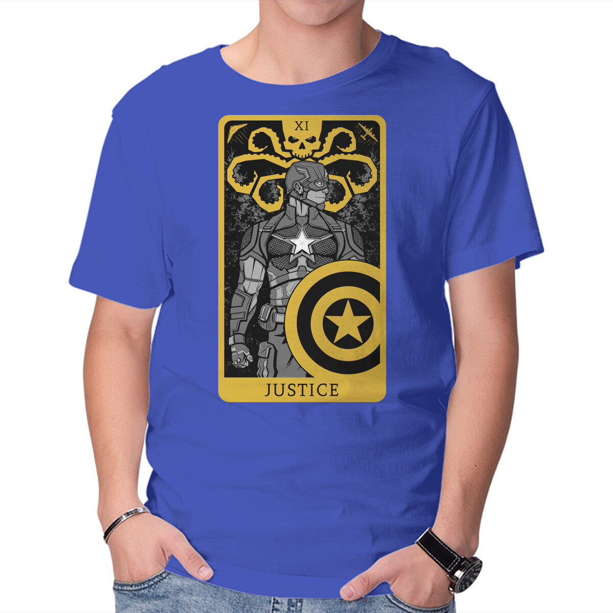 Justice Card Graphic T-Shirt in royal blue, product display