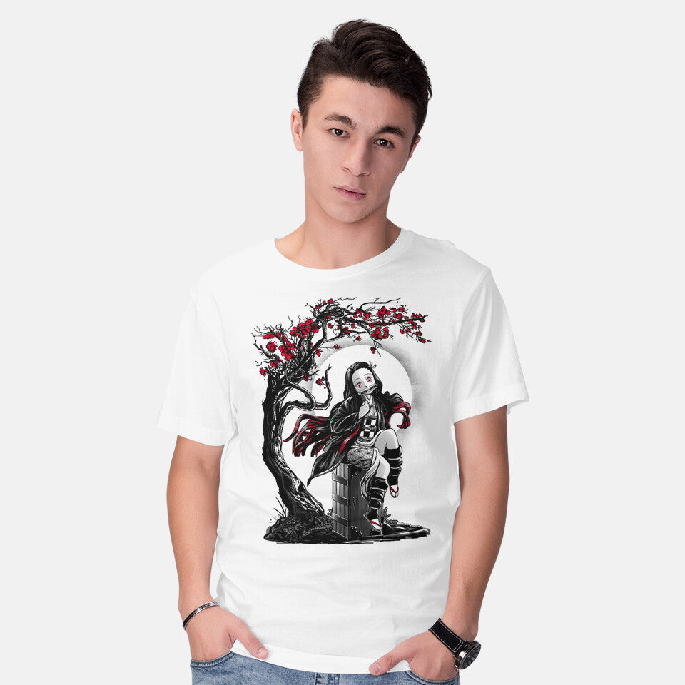 Model wearing white Human Turned Demon – Anime Graphic T-Shirt