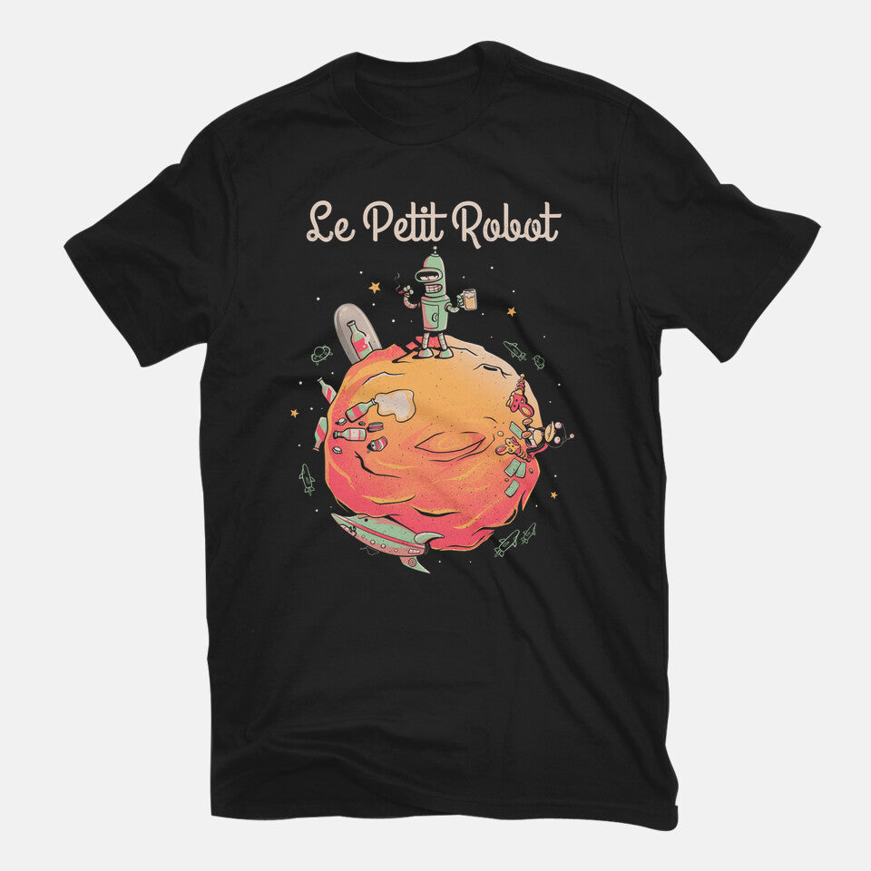Le Petit Robot's Planet – Sci-Fi Graphic T-Shirt in black, flat-lay product view