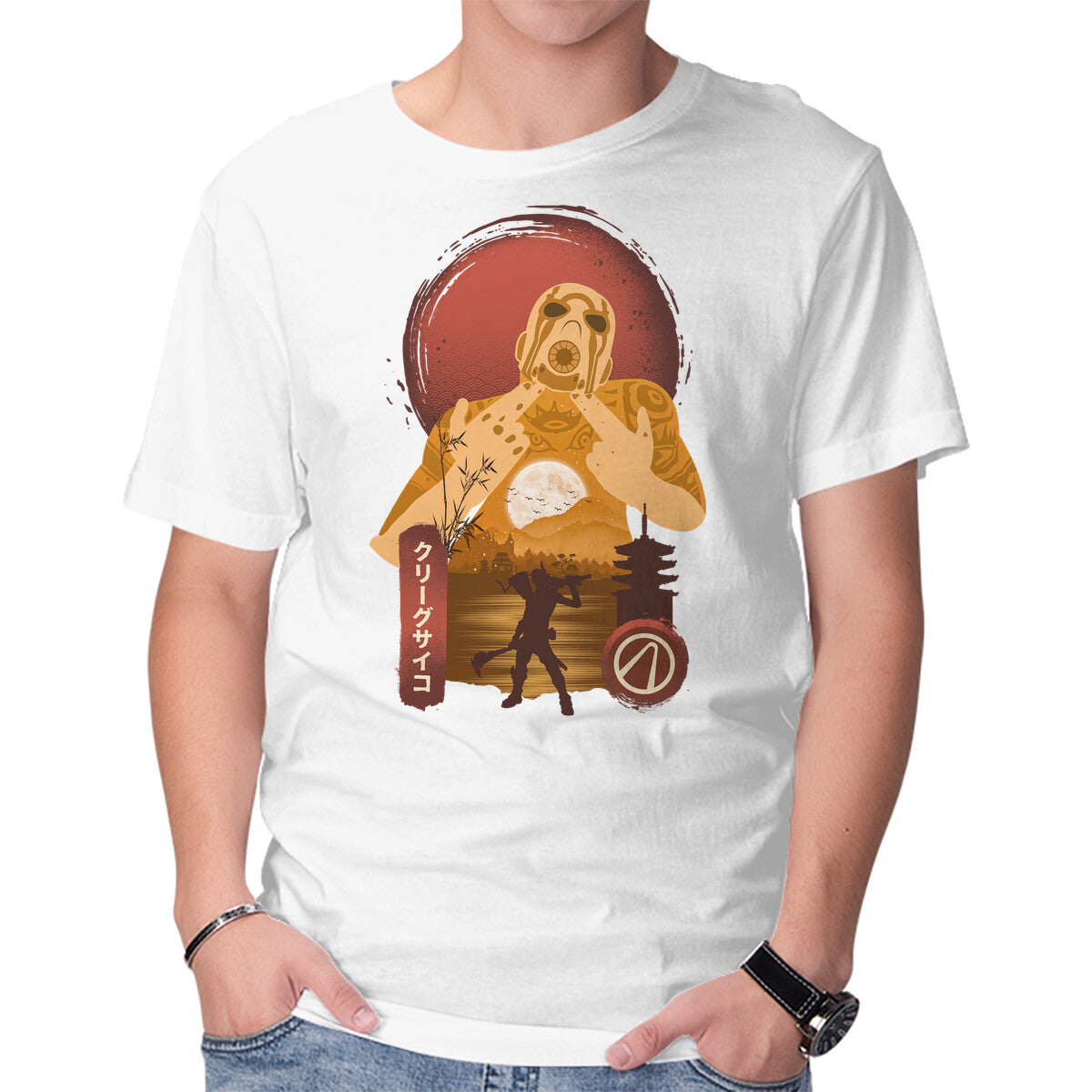 Krieg the Psycho – Gaming Graphic T-Shirt in white, product display