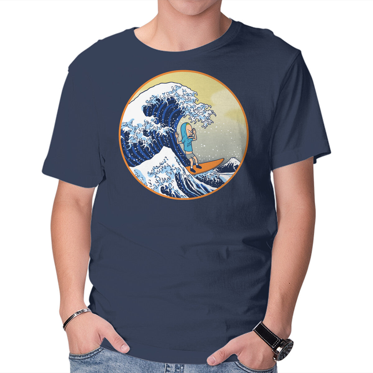 The Great Cornholio Off Kanagawa – Funny Graphic T-Shirt in navy, product display