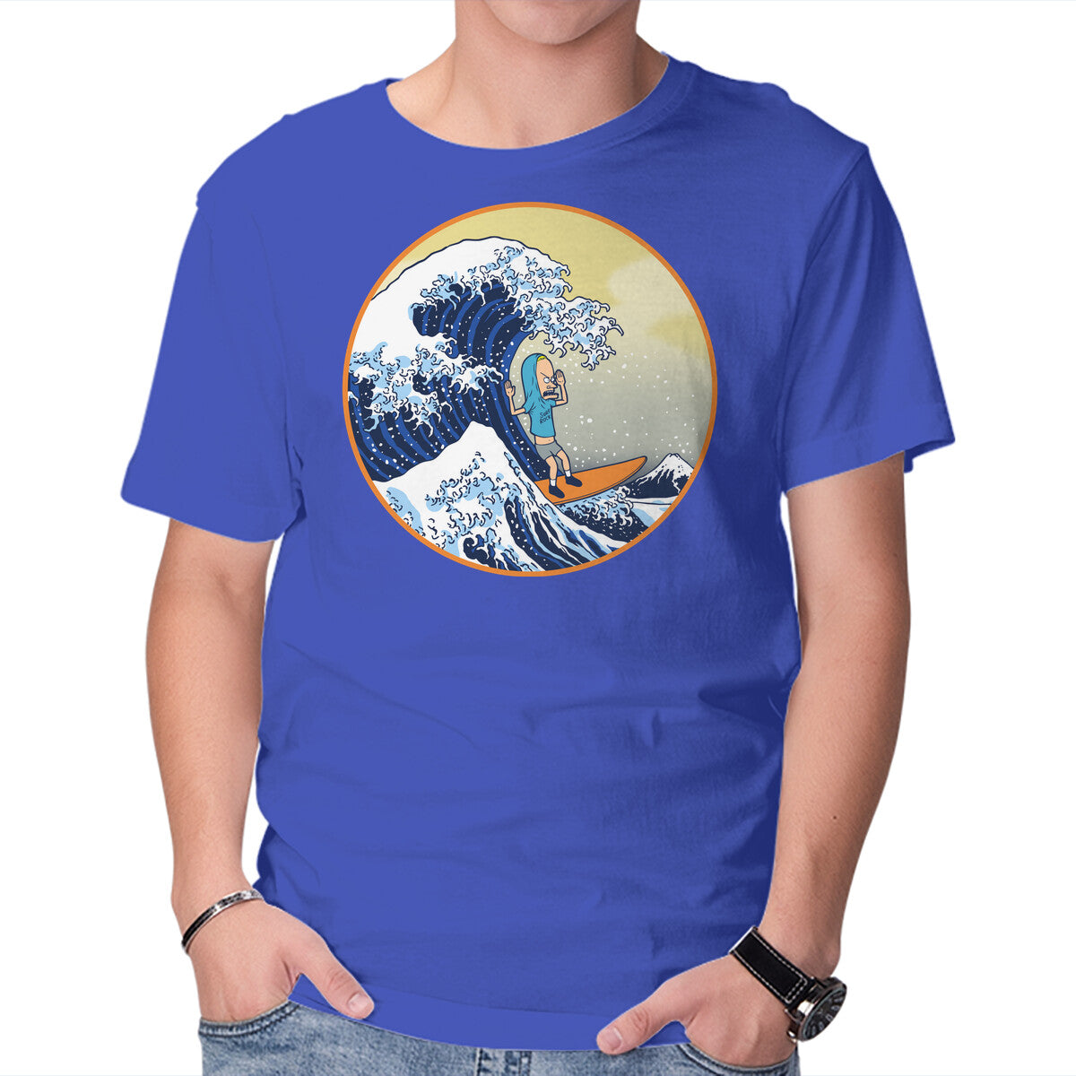 The Great Cornholio Off Kanagawa – Funny Graphic T-Shirt in royal blue, product display