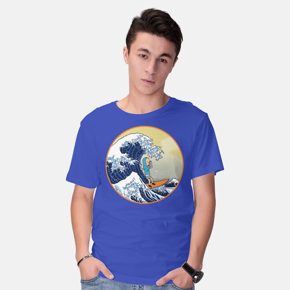 Model wearing royal blue The Great Cornholio Off Kanagawa – Funny Graphic T-Shirt