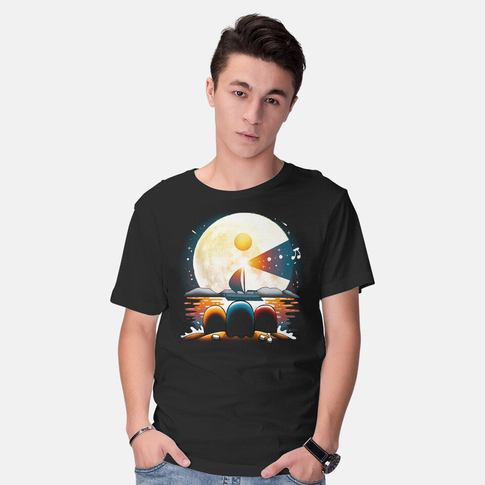 Model wearing black Gaming Moon Beach – Gaming Graphic T-Shirt