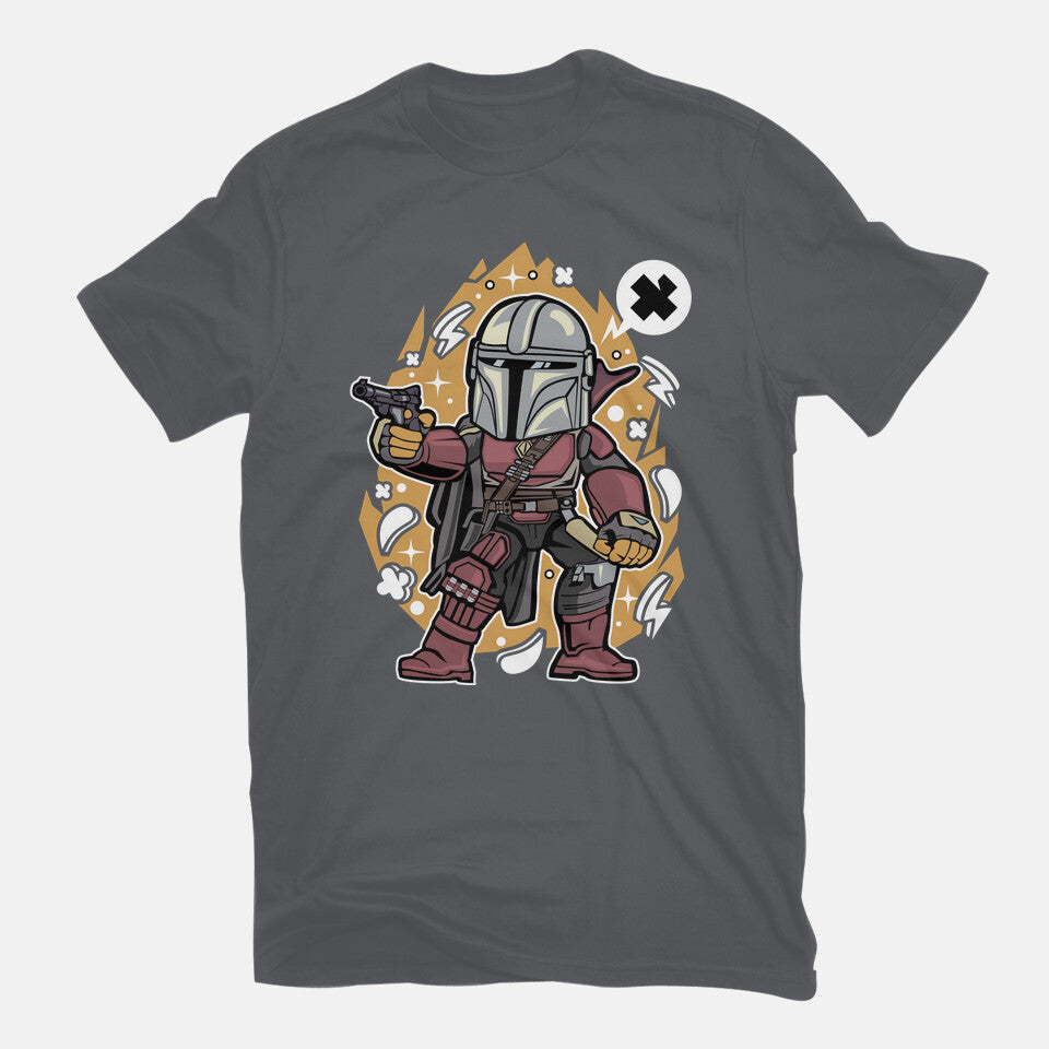Bounty Hunter Cartoon – Sci-Fi Graphic T-Shirt in charcoal, flat-lay product view