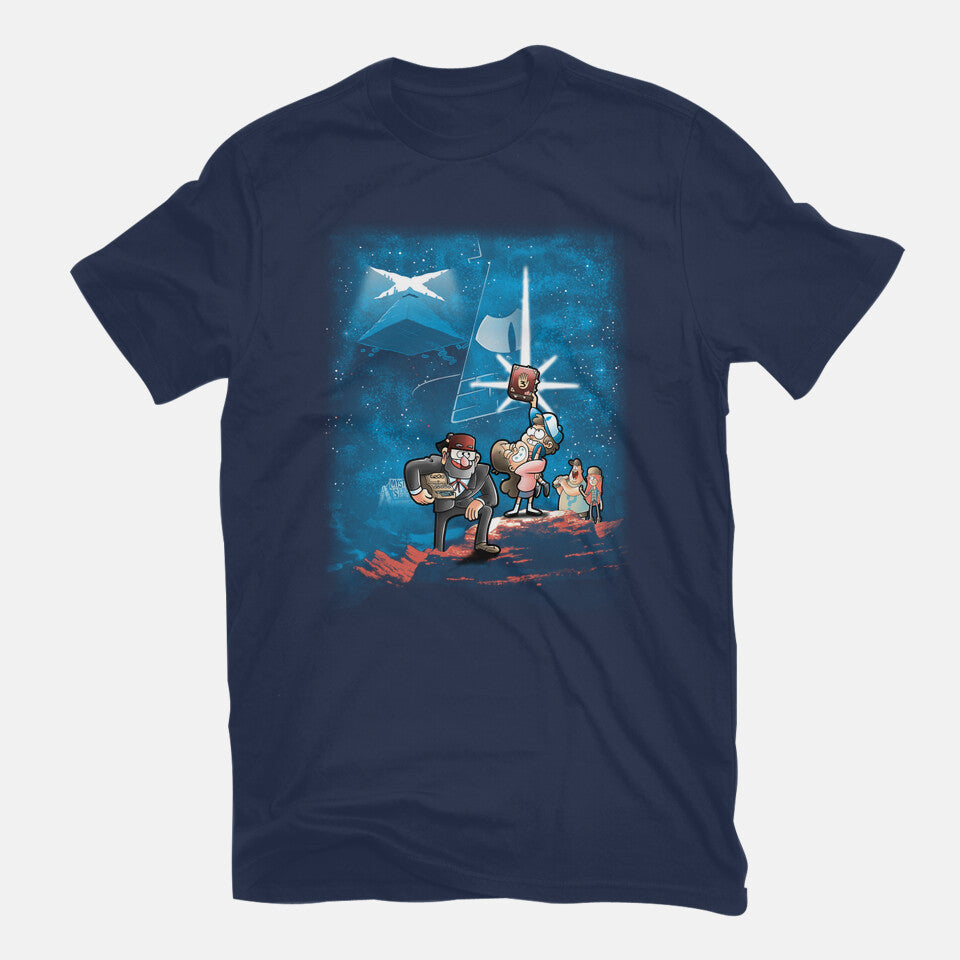 Gravity Wars – Funny Graphic T-Shirt in navy, flat-lay product view