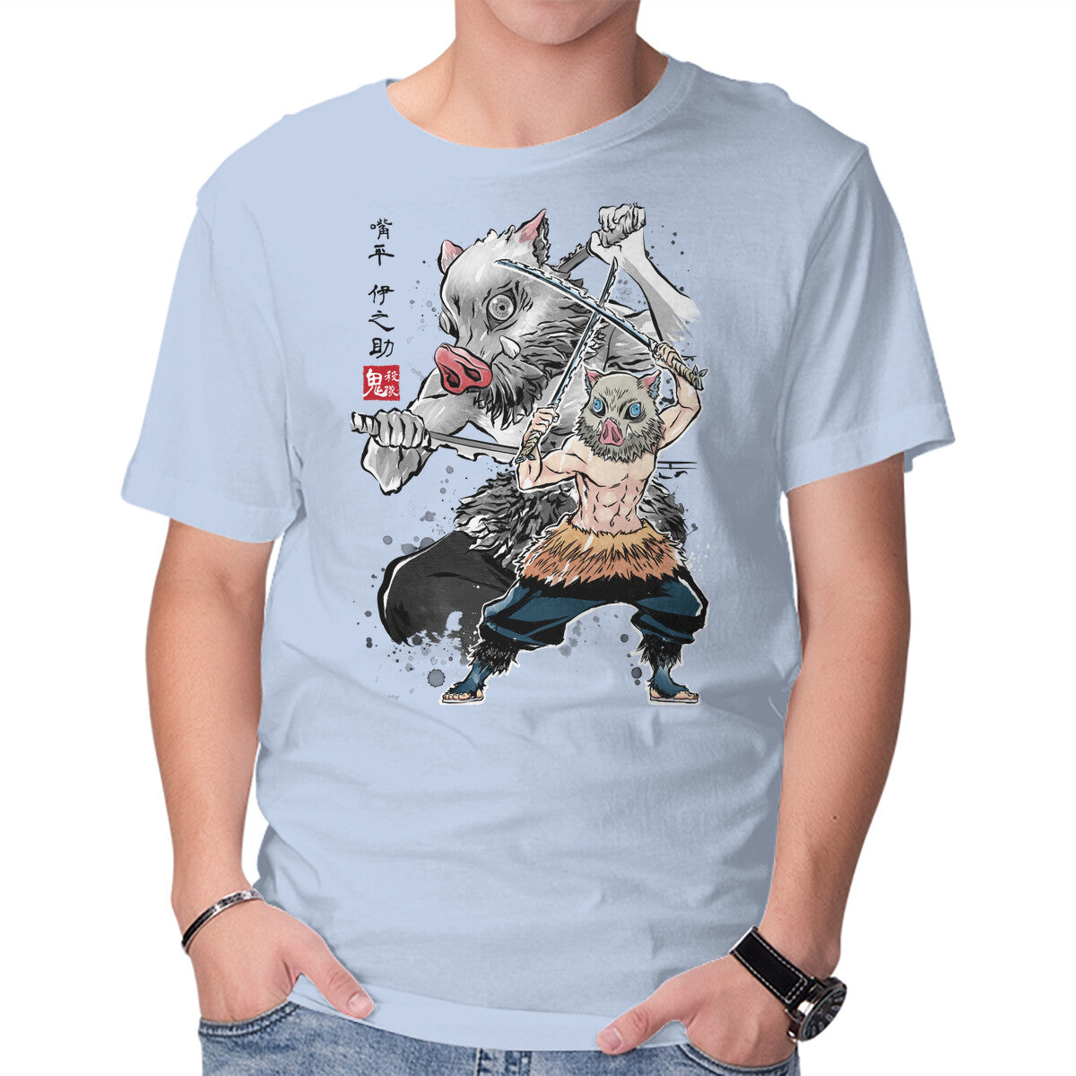 Slayer Inosuke Sumi-E – Anime Graphic T-Shirt in blue, product display