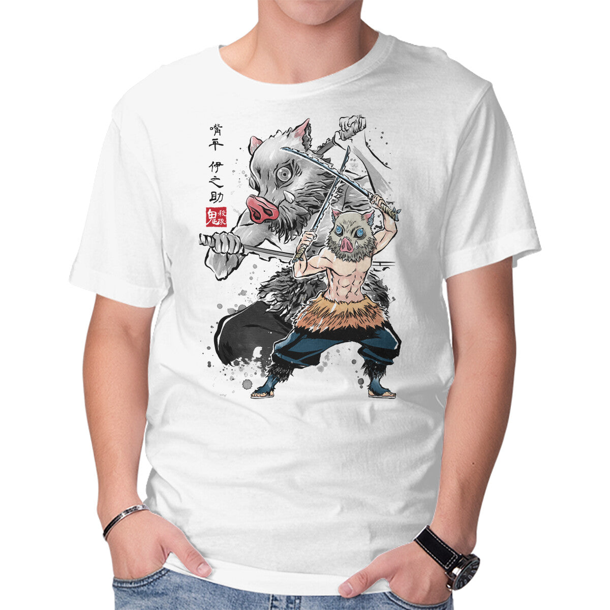 Slayer Inosuke Sumi-E – Anime Graphic T-Shirt in white, product display
