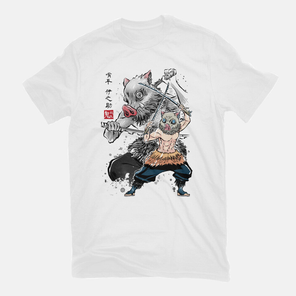 Slayer Inosuke Sumi-E – Anime Graphic T-Shirt in white, flat-lay product view