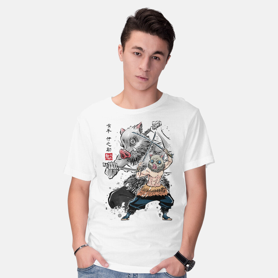 Model wearing white Slayer Inosuke Sumi-E – Anime Graphic T-Shirt