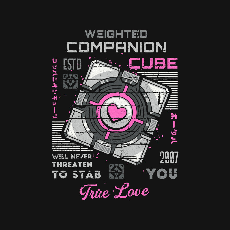 Companion Cube – Gaming Graphic T-Shirt design artwork for black graphic T-shirt