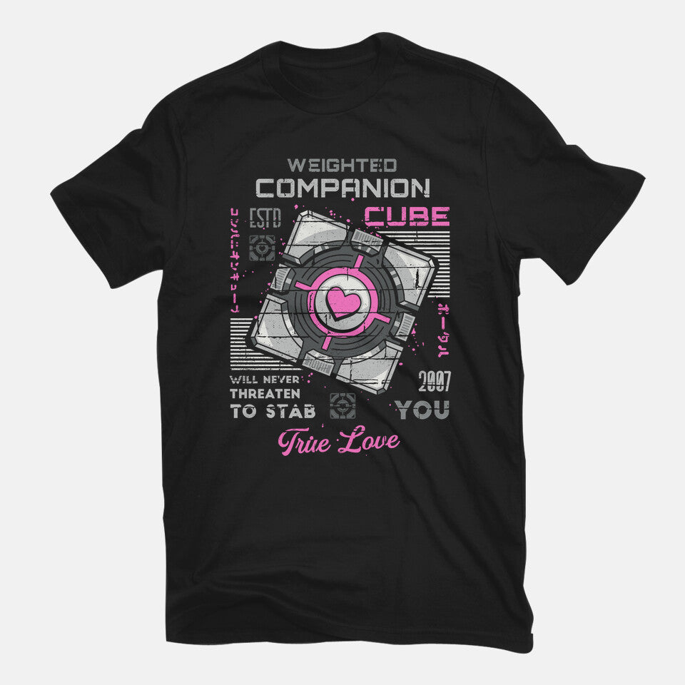 Companion Cube – Gaming Graphic T-Shirt in black, flat-lay product view