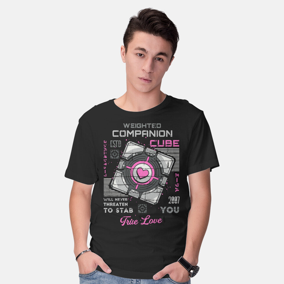 Model wearing black Companion Cube – Gaming Graphic T-Shirt