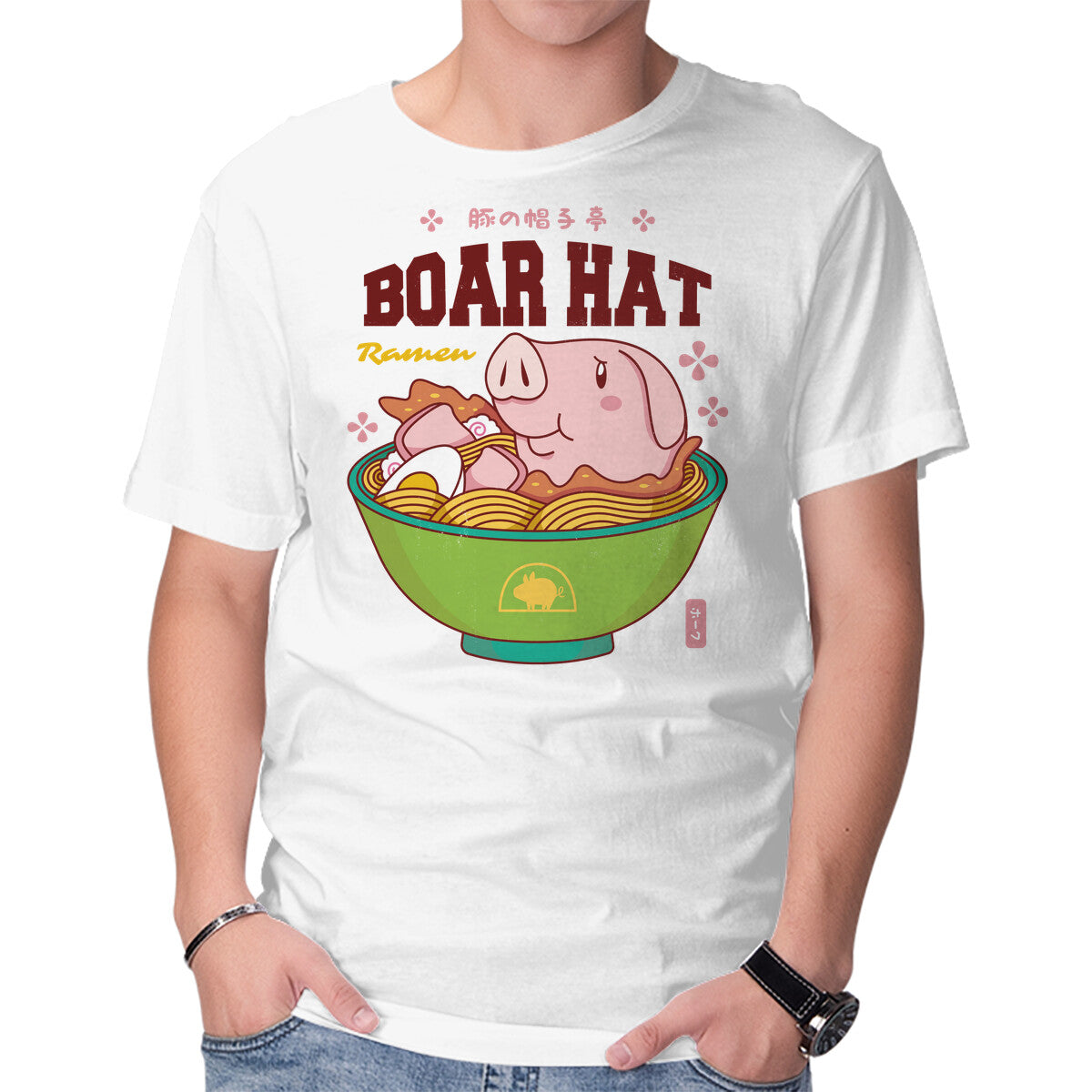 Boar Hat Ramen – Anime Graphic T-Shirt in white, product display