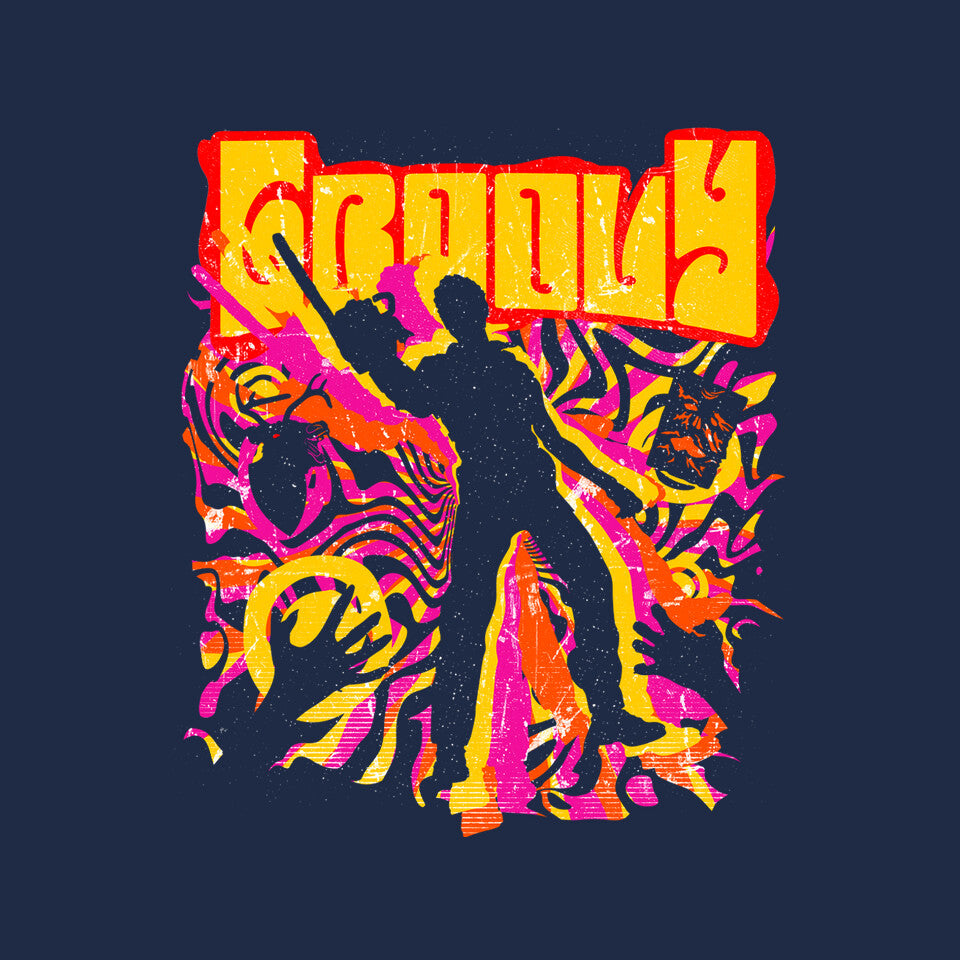 Stay Groovy Stay Evil – Horror Graphic T-Shirt design artwork for navy graphic T-shirt