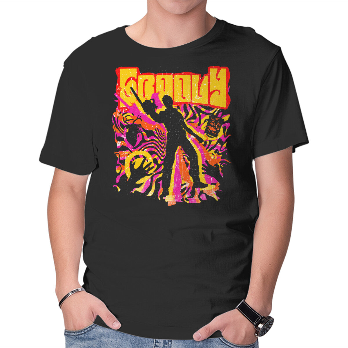 Stay Groovy Stay Evil – Horror Graphic T-Shirt in black, product display