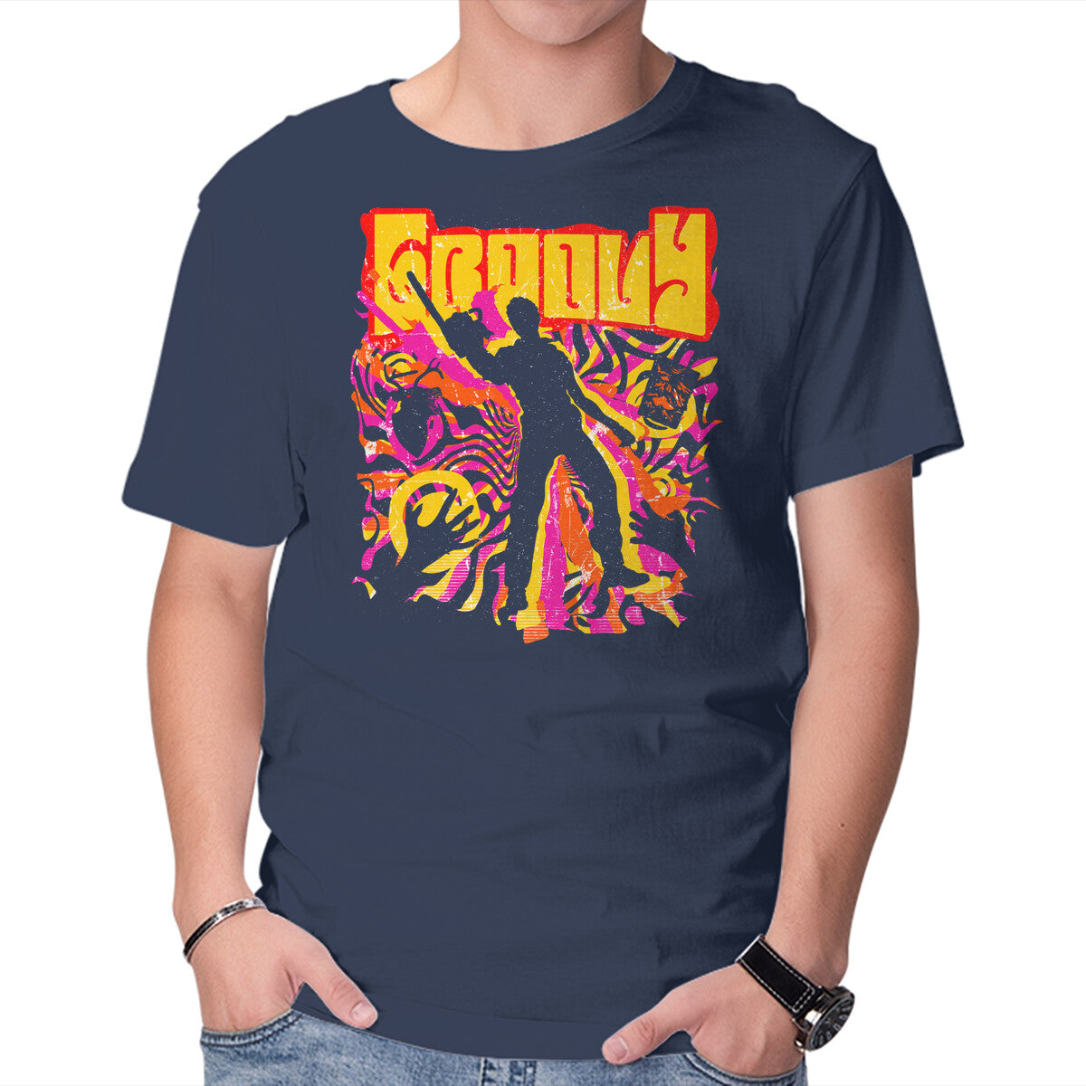 Stay Groovy Stay Evil – Horror Graphic T-Shirt in navy, product display