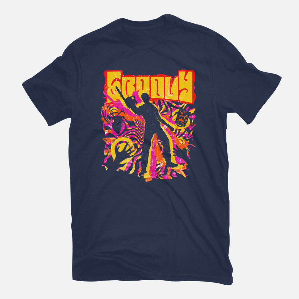 Stay Groovy Stay Evil – Horror Graphic T-Shirt in navy, flat-lay product view