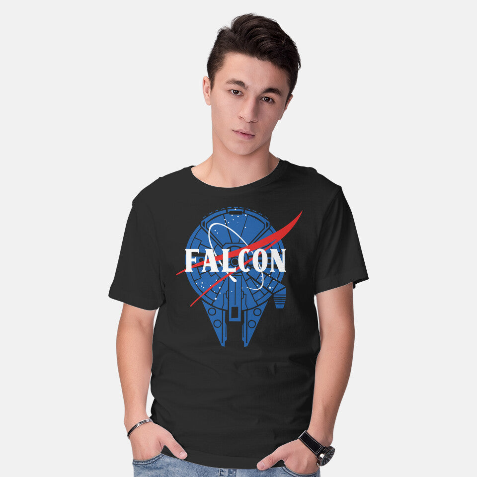 Model wearing black Falcon Nasa – Sci-Fi Graphic T-Shirt