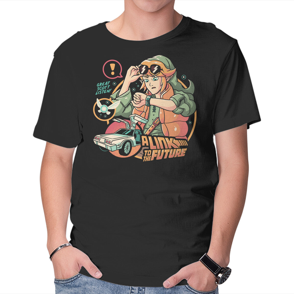Link To The Future – Gaming Graphic T-Shirt in black, product display