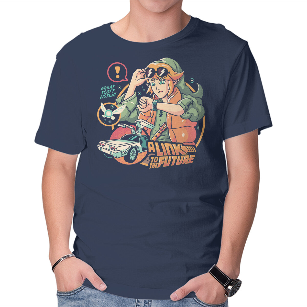 Link To The Future – Gaming Graphic T-Shirt in navy, product display
