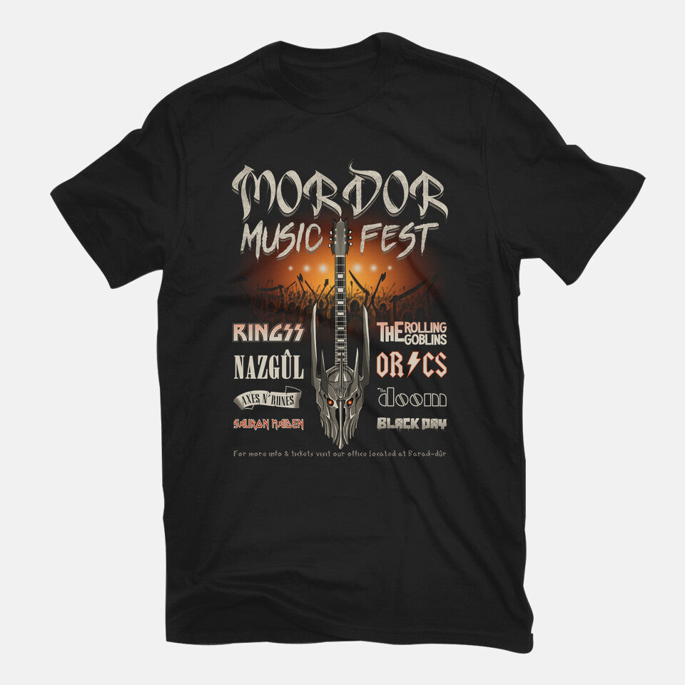Land Of Shadows Music Fest – Fantasy Graphic T-Shirt in black, flat-lay product view