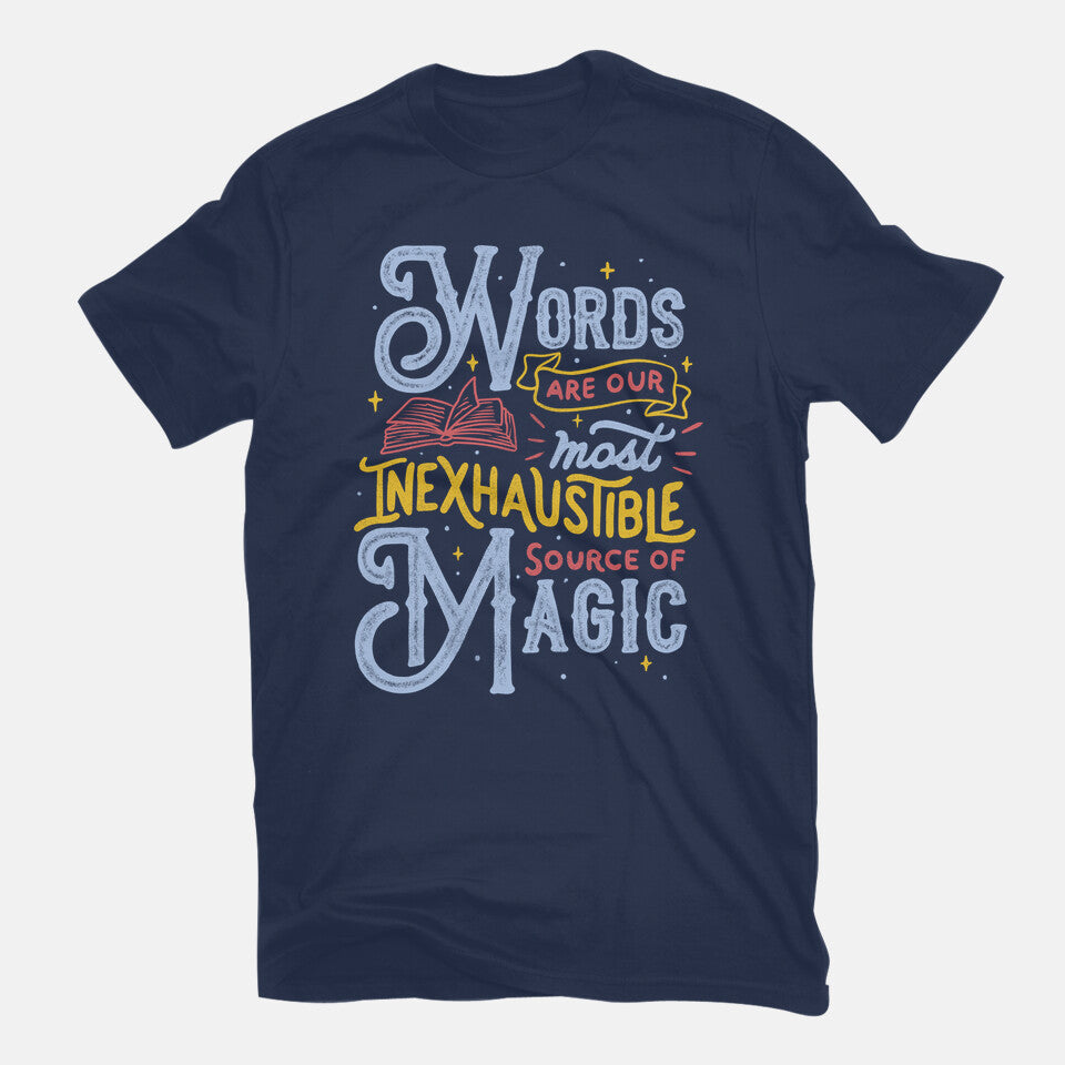 Inexhaustible Source Of Magic – Fantasy Graphic T-Shirt in navy, flat-lay product view
