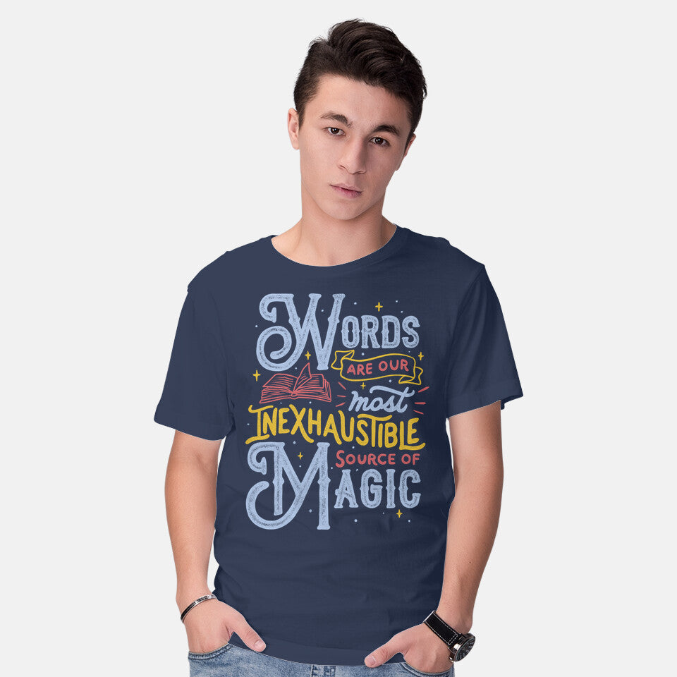 Model wearing navy Inexhaustible Source Of Magic – Fantasy Graphic T-Shirt
