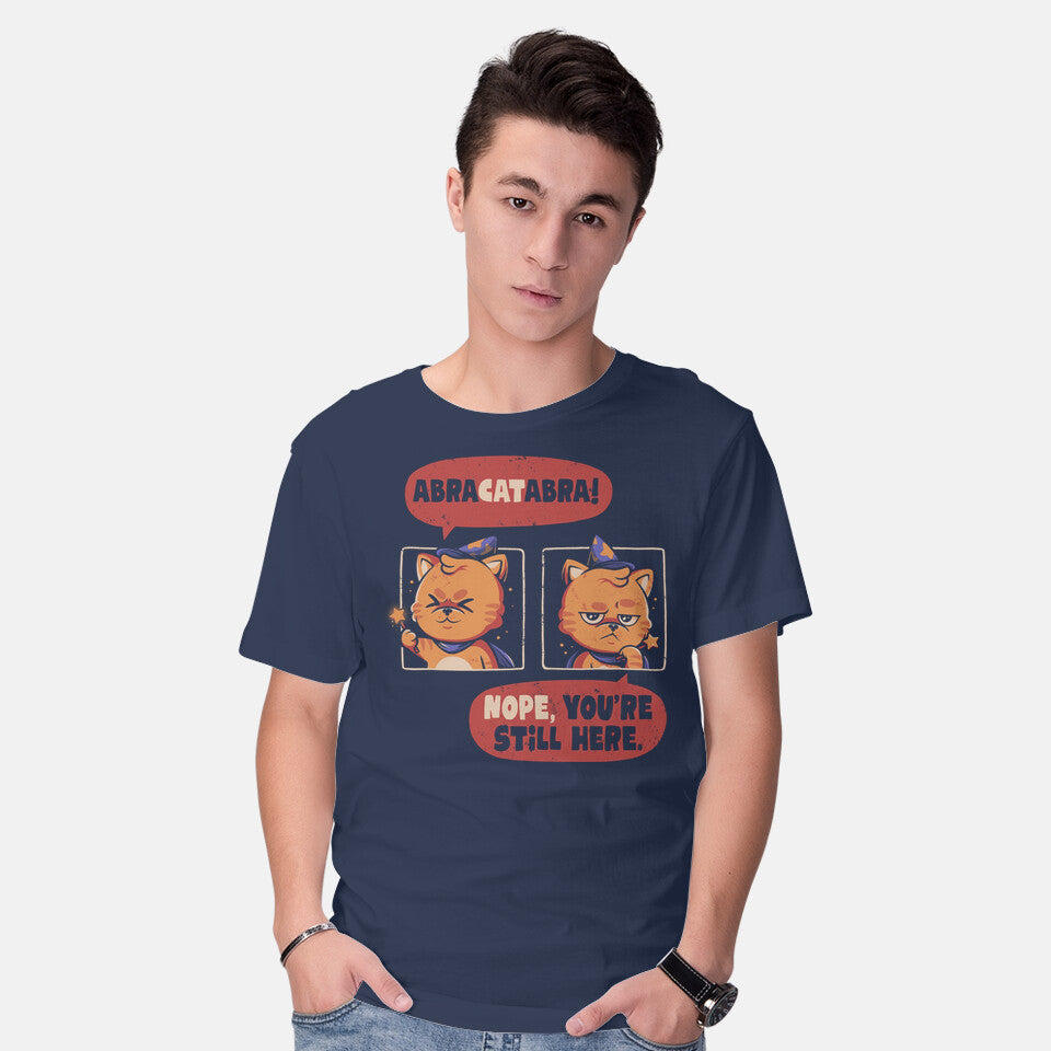 Model wearing navy Abracatabra – Cat Graphic T-Shirt