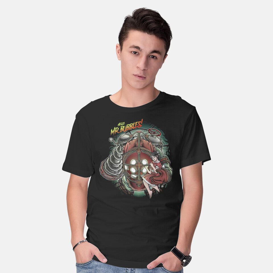 Model wearing black Mr. Bubbles – Horror Graphic T-Shirt