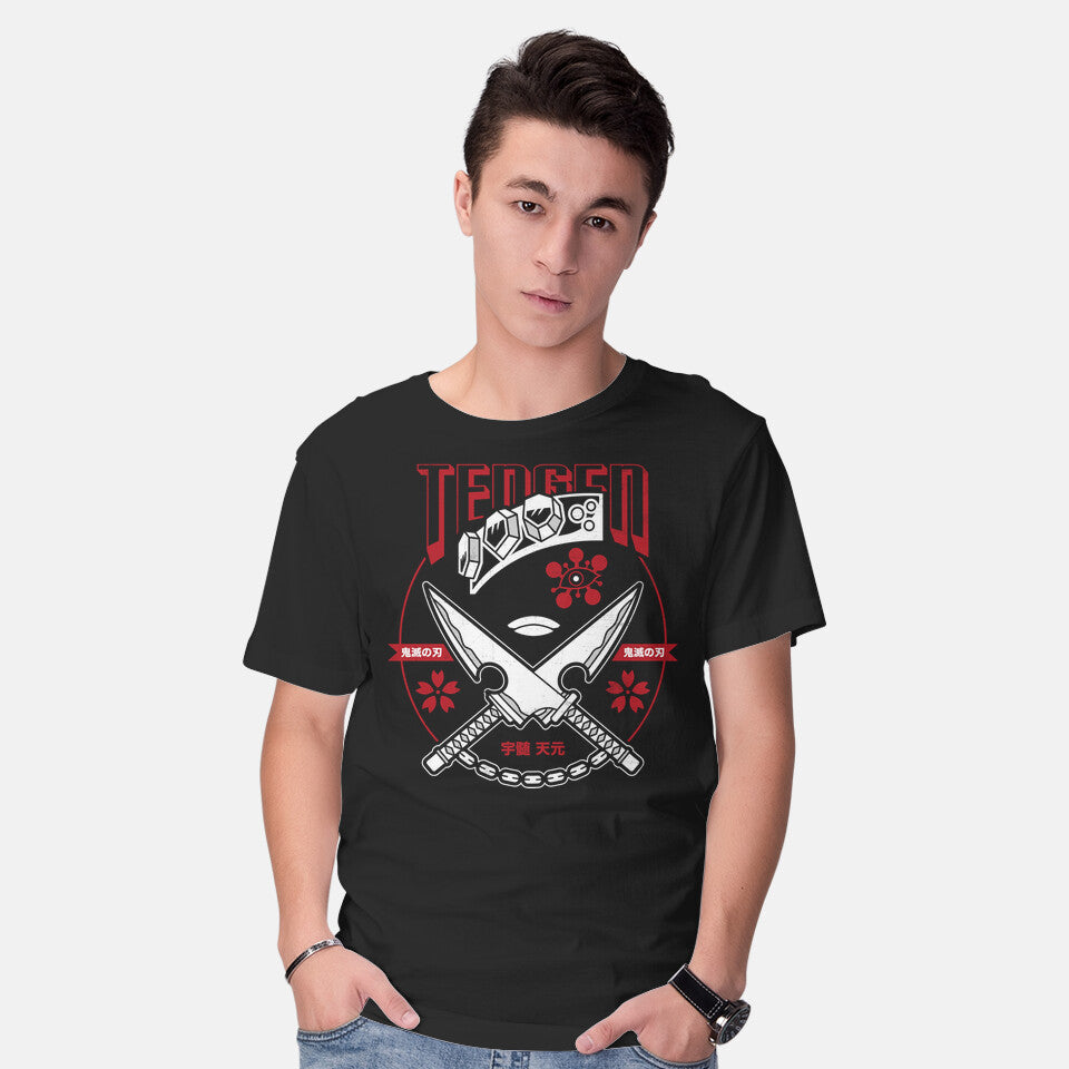 Model wearing black Tengen Uzui – Anime Graphic T-Shirt