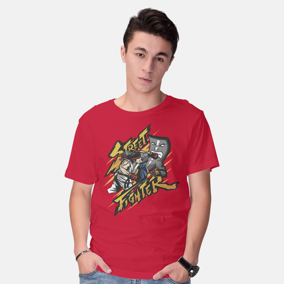 Model wearing red Street Fighter – Gaming Graphic T-Shirt