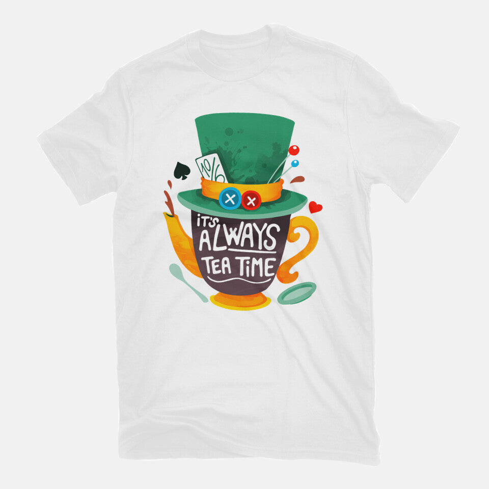 Always Tea Time – Fantasy Graphic T-Shirt in white, flat-lay product view