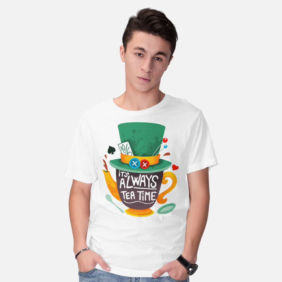Model wearing white Always Tea Time – Fantasy Graphic T-Shirt