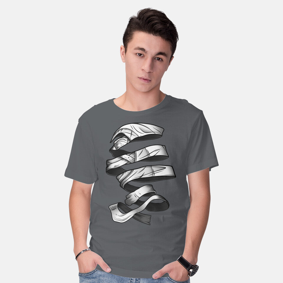 Model wearing charcoal Unravelling Moon Graphic T-Shirt