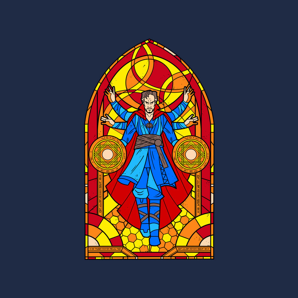 Stained Glass Sorcerer Graphic T-Shirt design artwork for navy graphic T-shirt
