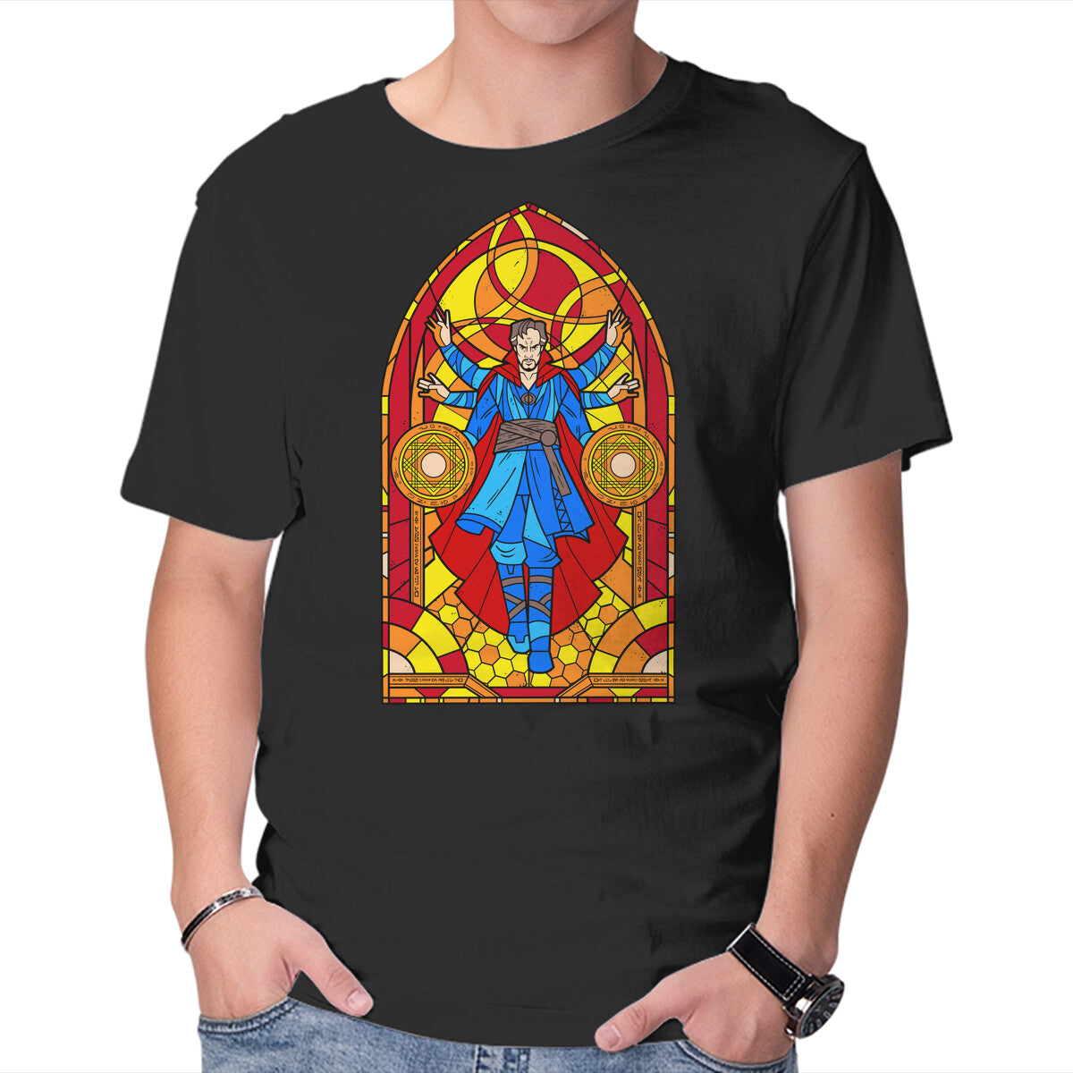 Stained Glass Sorcerer Graphic T-Shirt in black, product display