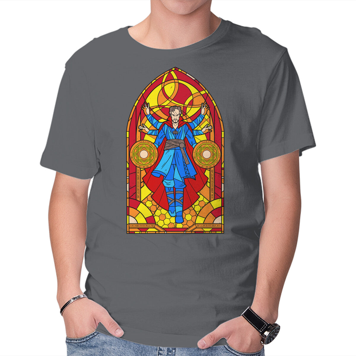 Stained Glass Sorcerer Graphic T-Shirt in charcoal, product display