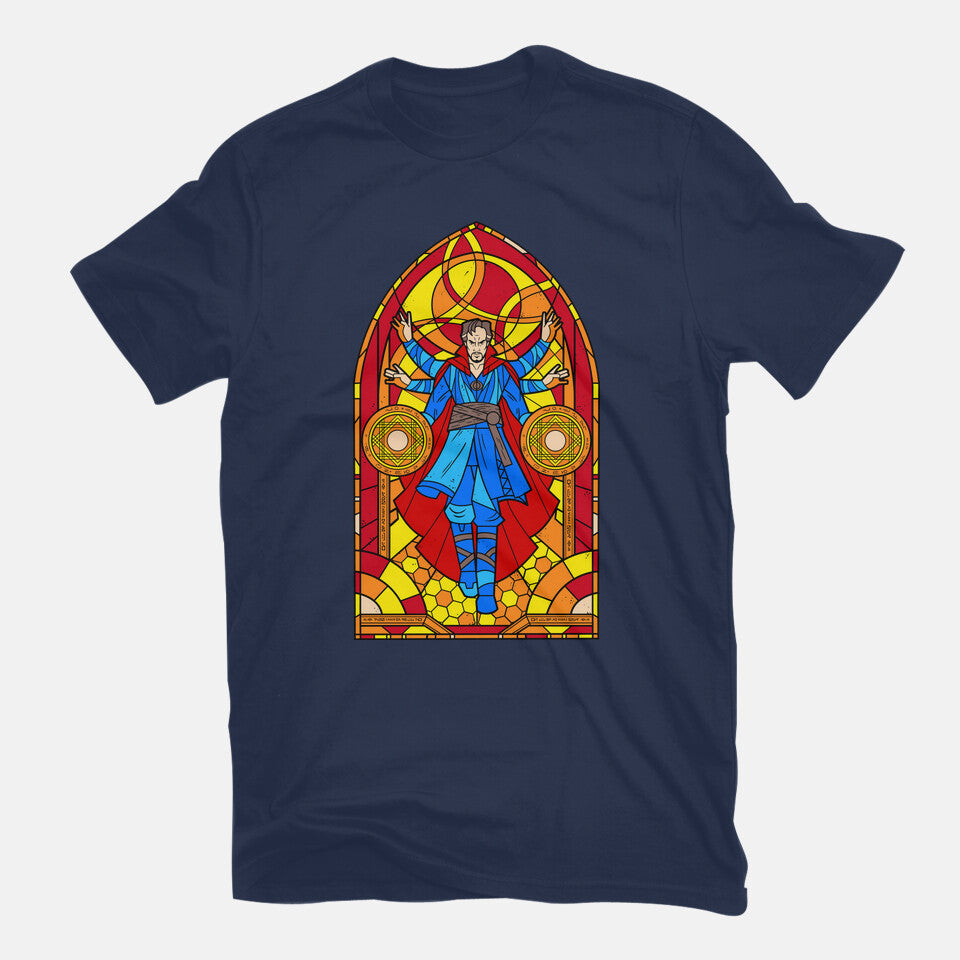 Stained Glass Sorcerer Graphic T-Shirt in navy, flat-lay product view
