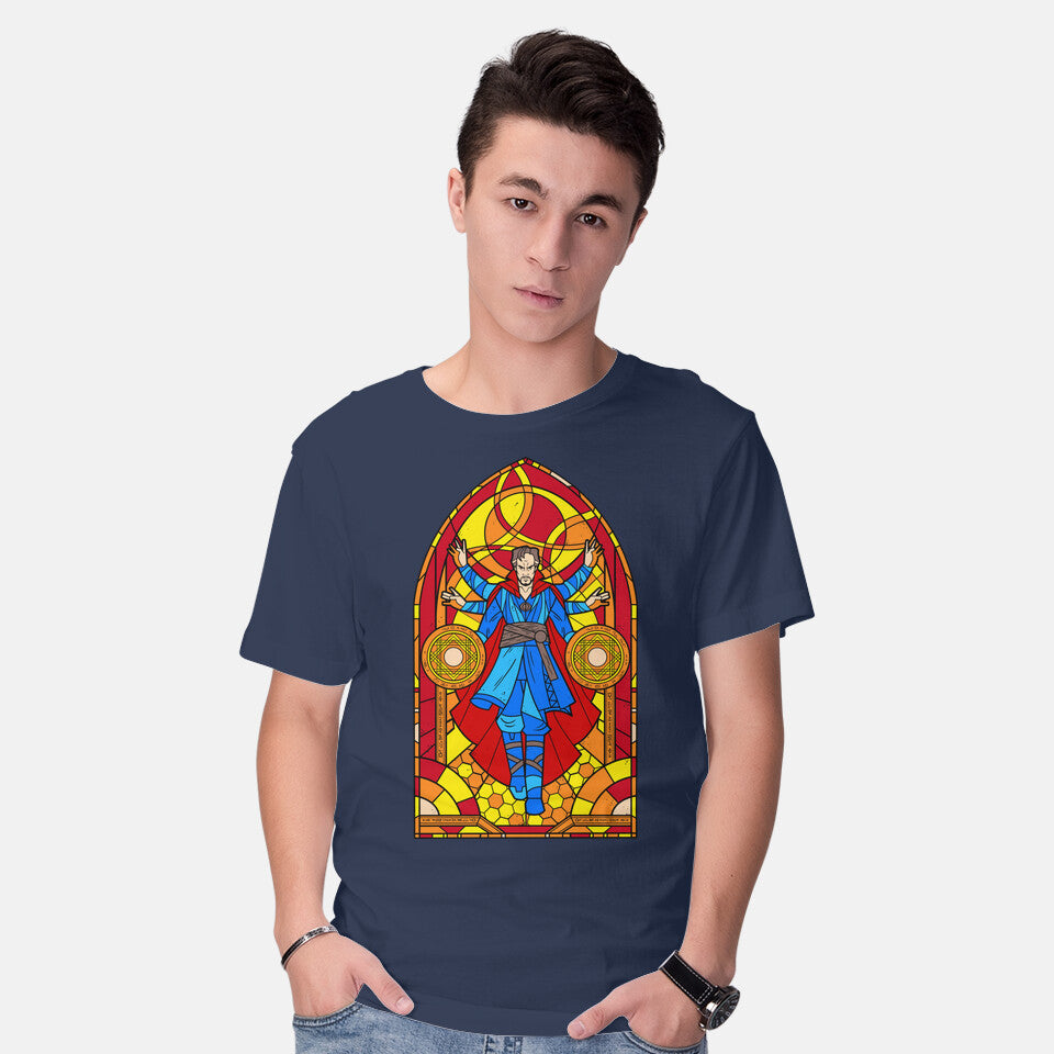 Model wearing navy Stained Glass Sorcerer Graphic T-Shirt