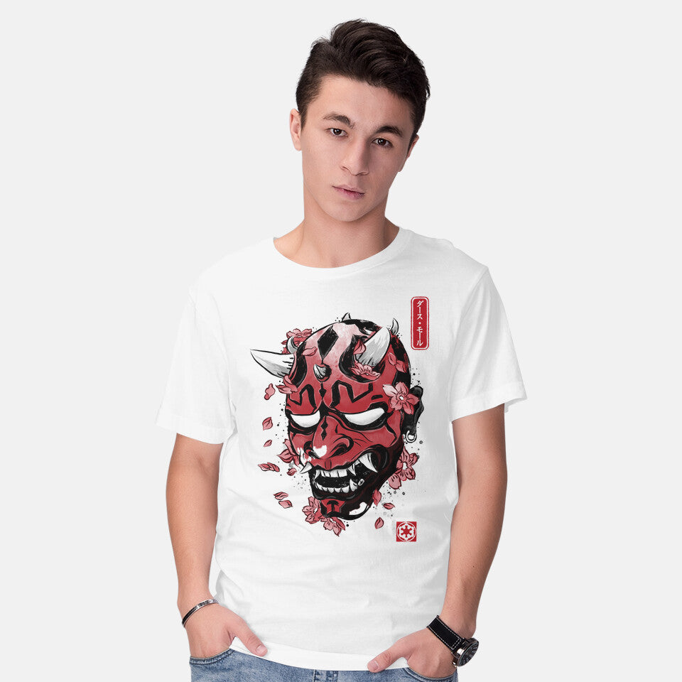 Model wearing white Darth Oni – Sci-Fi Graphic T-Shirt