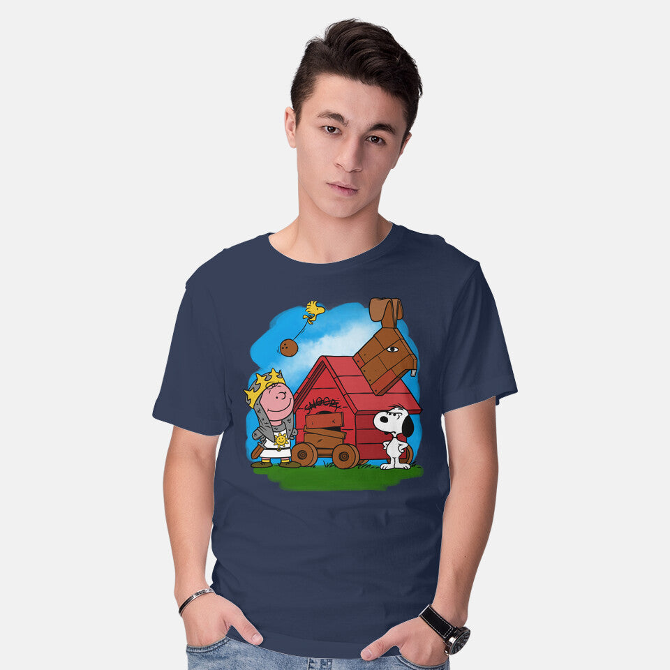 Model wearing navy Charlie And The Holy Grail – Movie Graphic T-Shirt