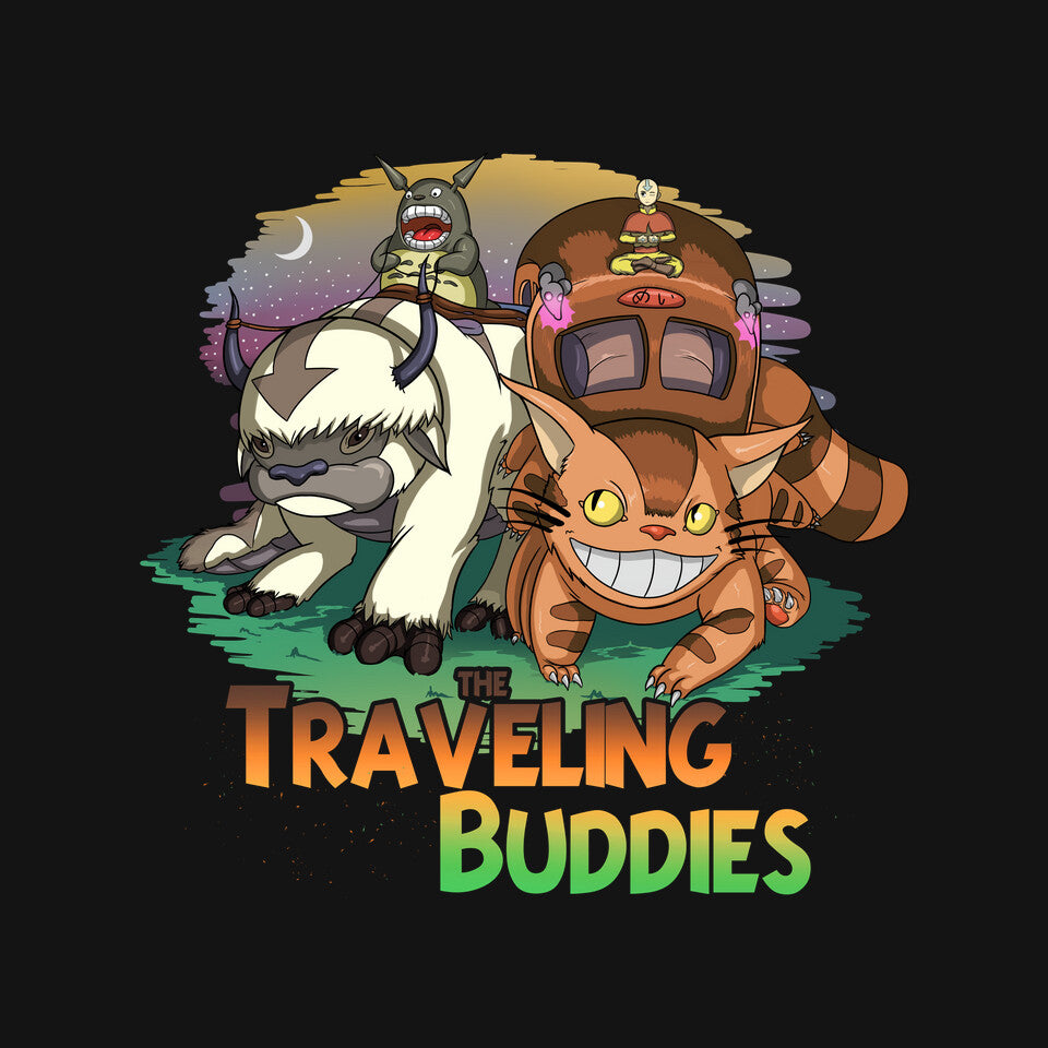 Traveling Buddies – Anime Graphic T-Shirt design artwork for black graphic T-shirt