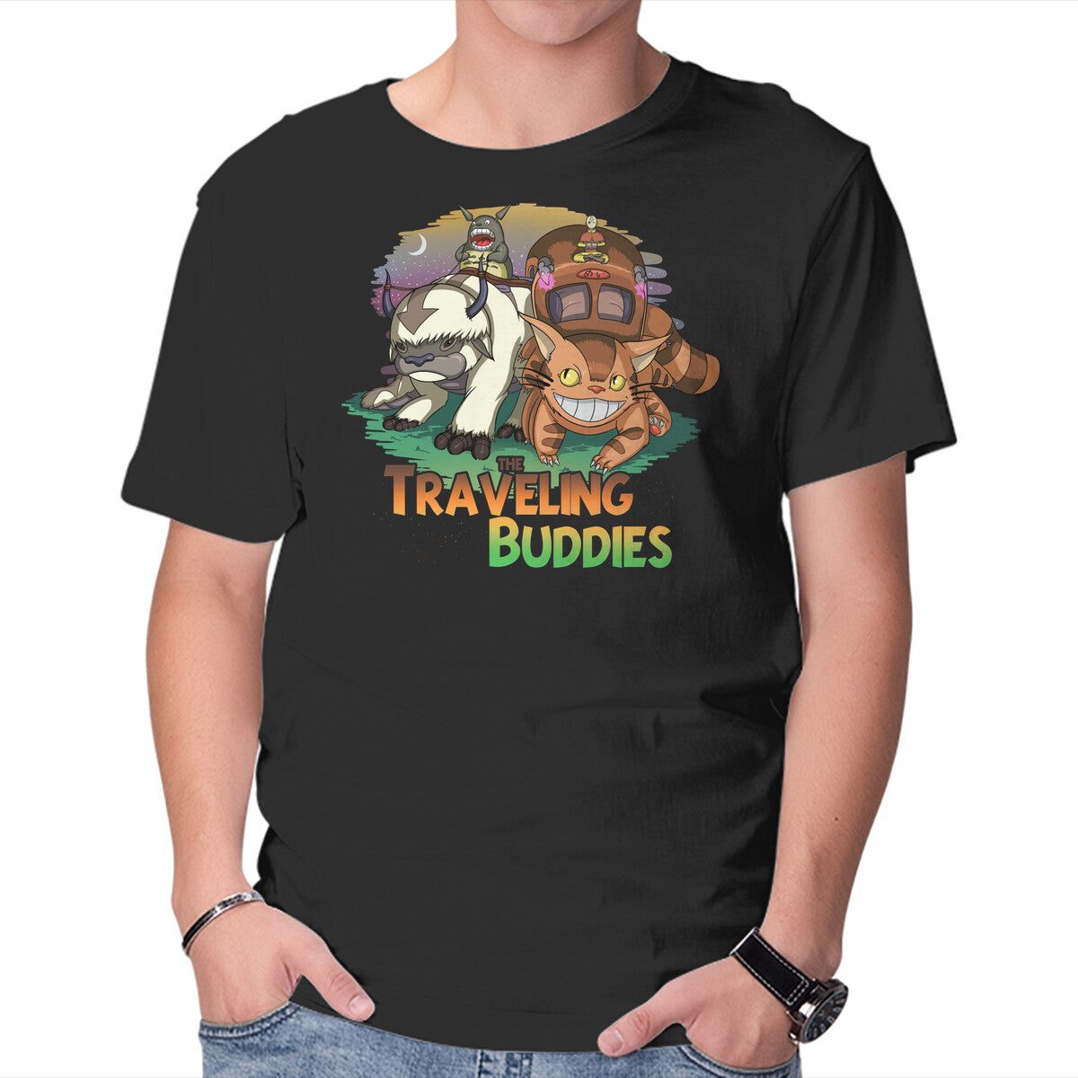 Traveling Buddies – Anime Graphic T-Shirt in black, product display