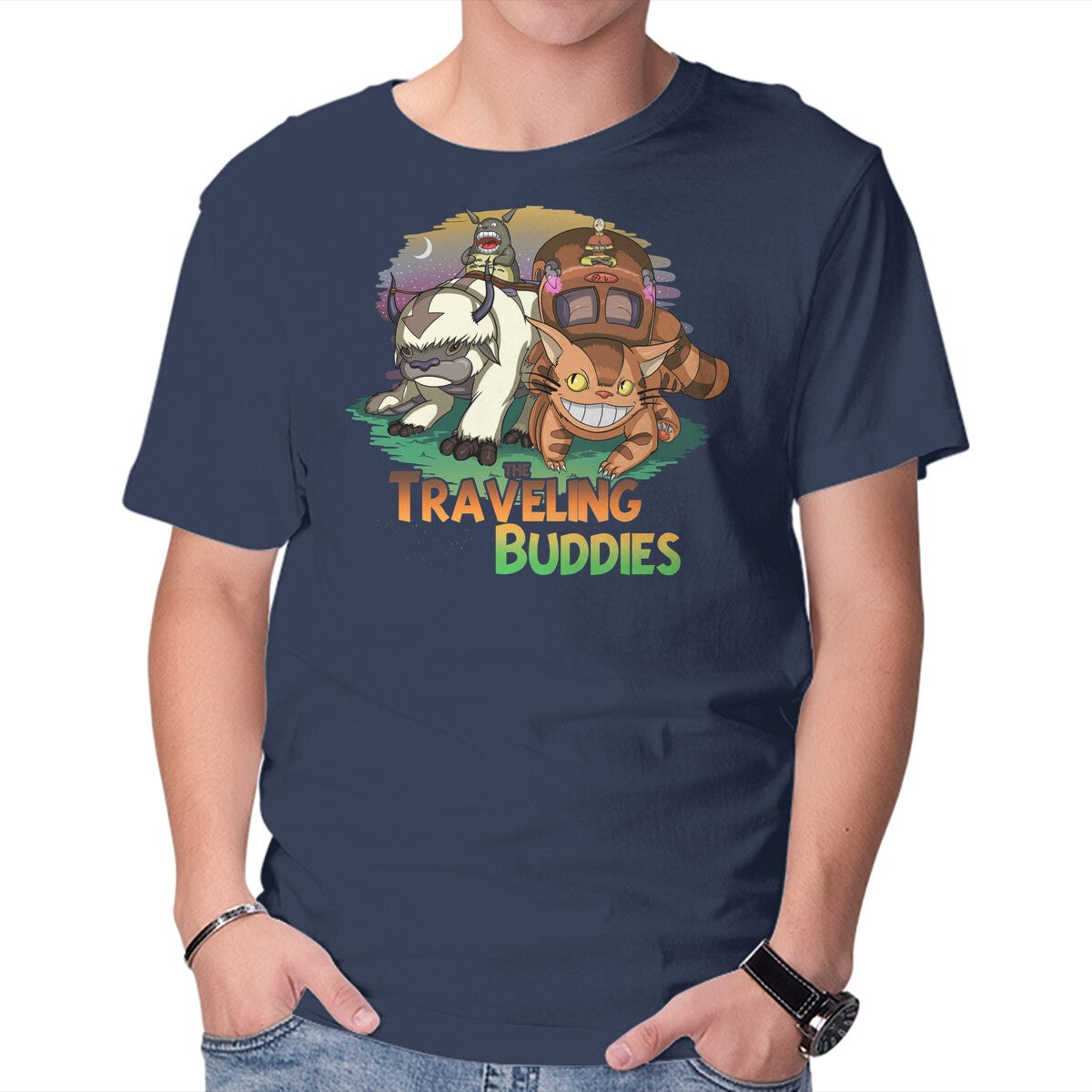 Traveling Buddies – Anime Graphic T-Shirt in navy, product display