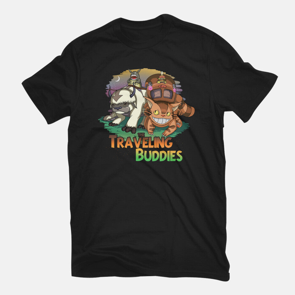 Traveling Buddies – Anime Graphic T-Shirt in black, flat-lay product view