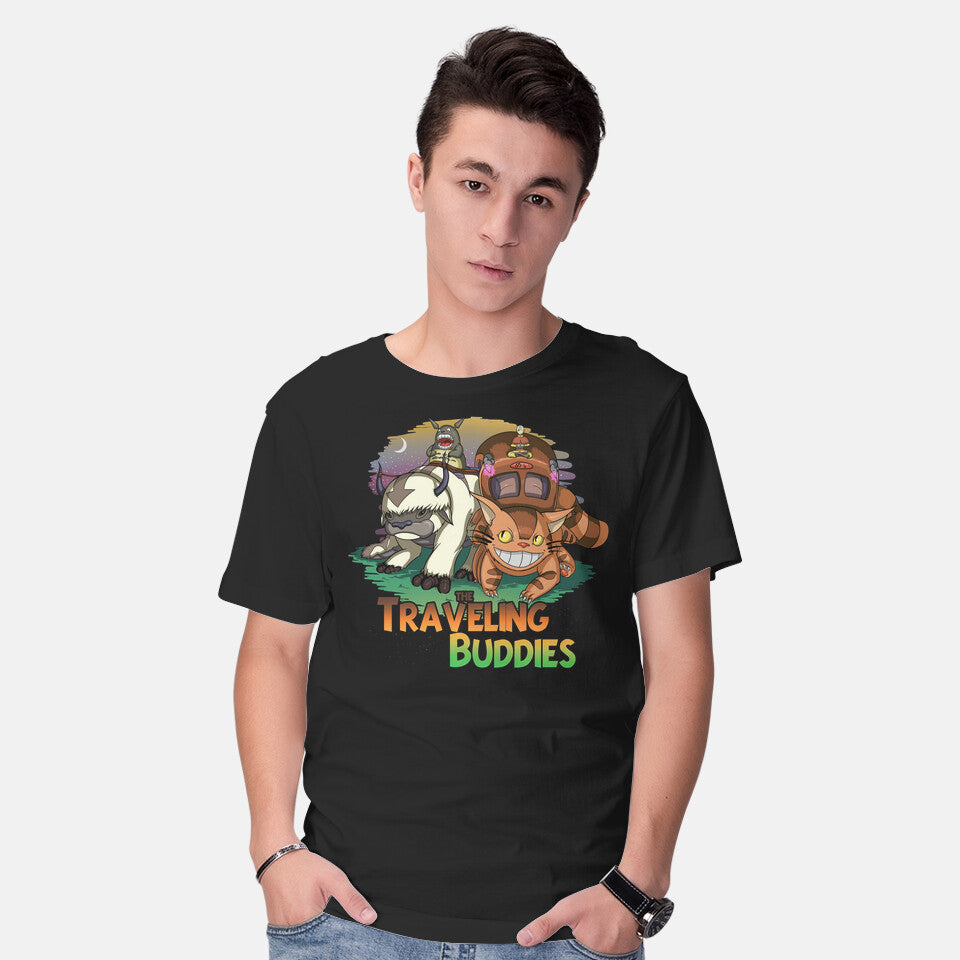 Model wearing black Traveling Buddies – Anime Graphic T-Shirt